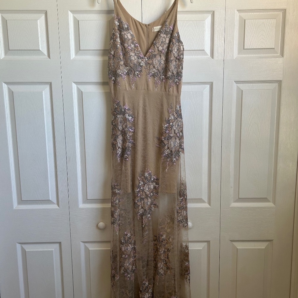 Altar’d State Taupe Floral Embroidered Formal Maxi Dress